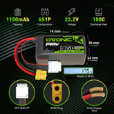 Batterie LiPo Ovonic 100C 6S 1150mAh 22.2V pour FPV - Prise XT60
